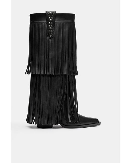 Pull&Bear Black Fringed Cowboy Boots
