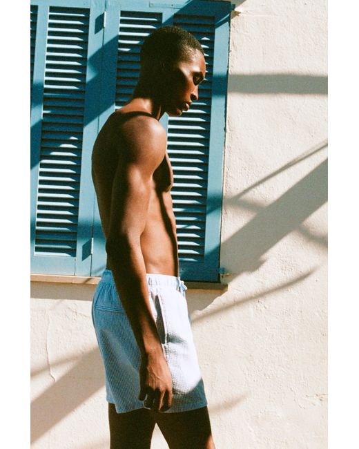 Pull&Bear Blue Striped Seersucker Swimming Trunks for men