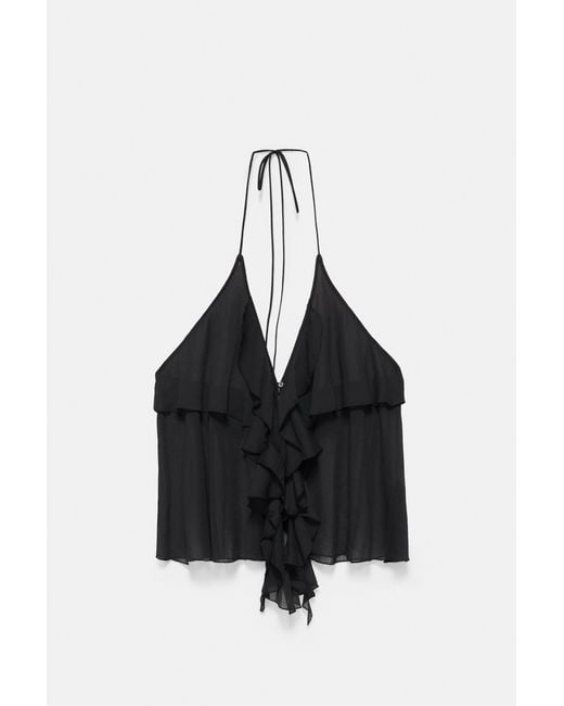 Pull&Bear Black Halter Top With Ruffles