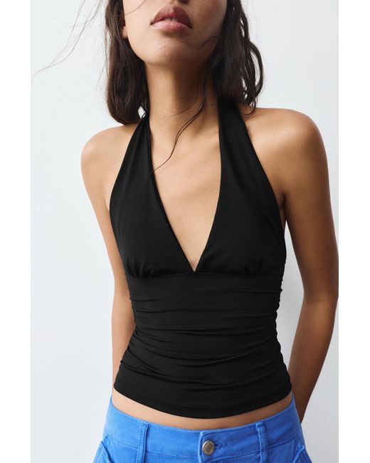 Pull&Bear Black Halter Neck Top With Gathering