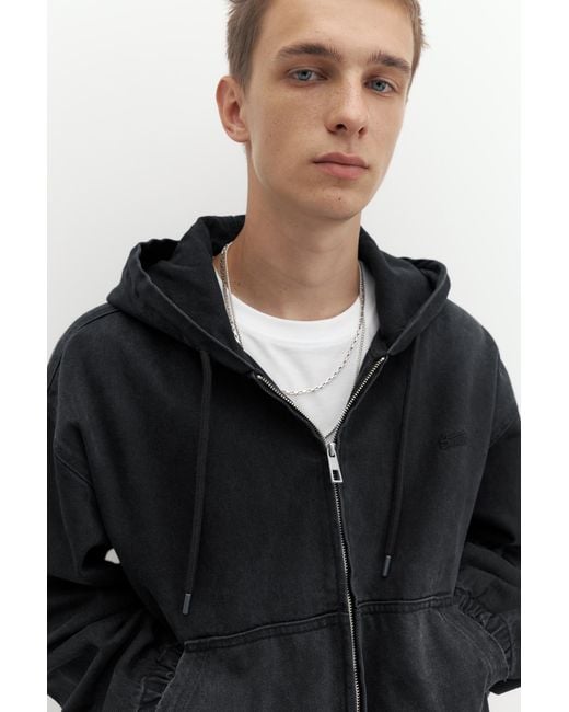 Pull&Bear Black Stwd Zip-Up Hooded Jacket for men
