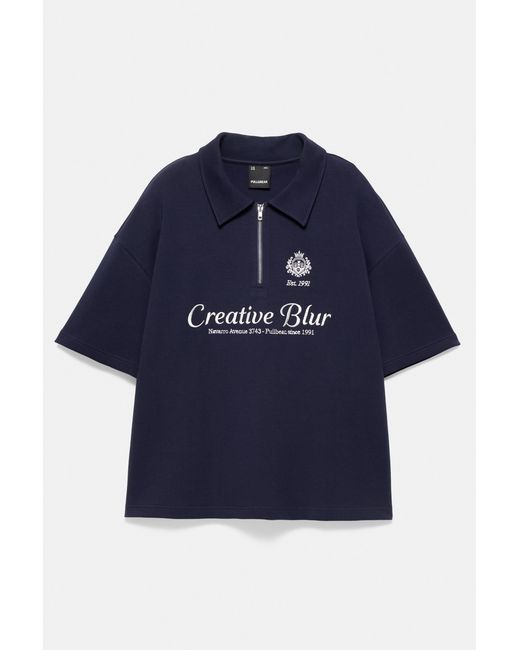 Pull&Bear Blue Graphic Zip Interlock Polo Shirt for men