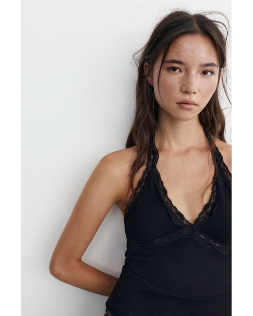 Pull&Bear Black Lace-Trim Halter Top