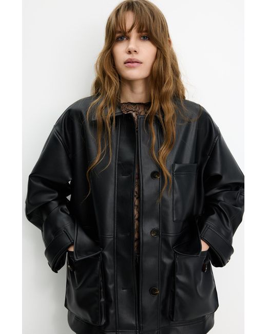 Pull&Bear Black Long Faux Leather Jacket