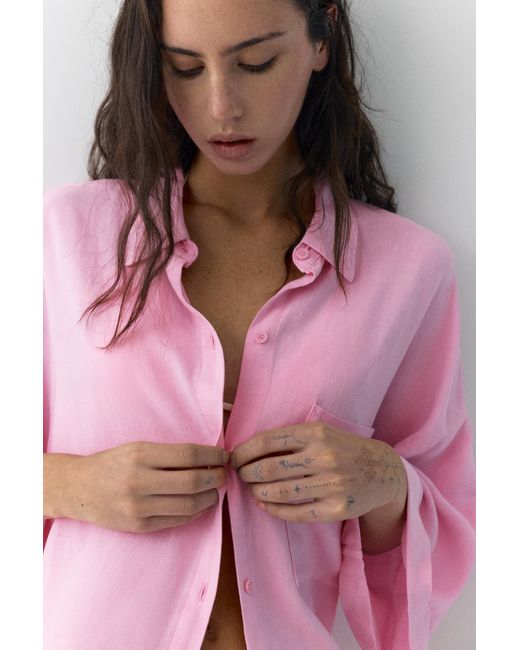 Pull&Bear Pink Linen Blend Shirt