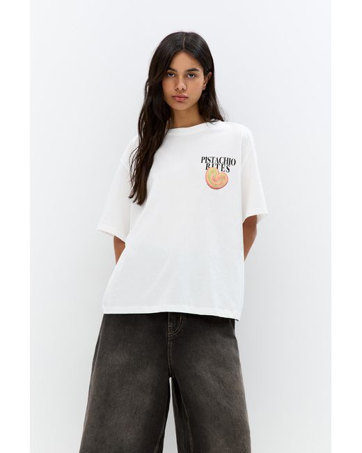 Pull&Bear White Breakfast Graphic T-Shirt