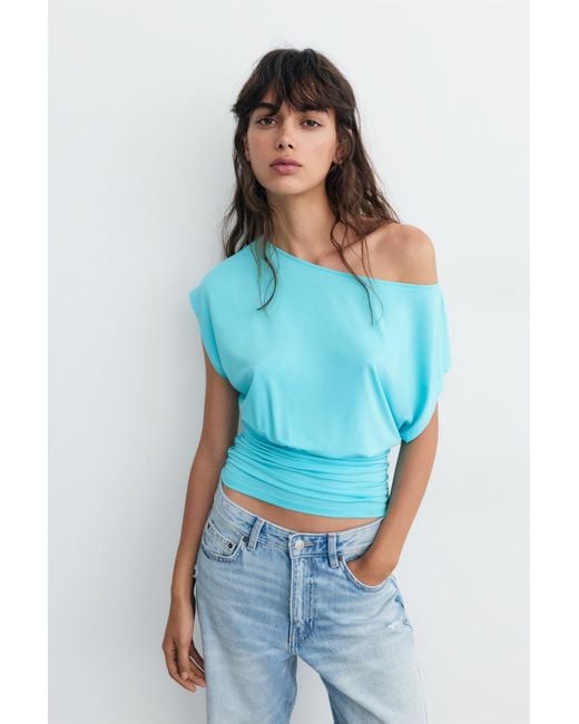 Pull&Bear Blue Asymmetric Short Sleeve T-Shirt