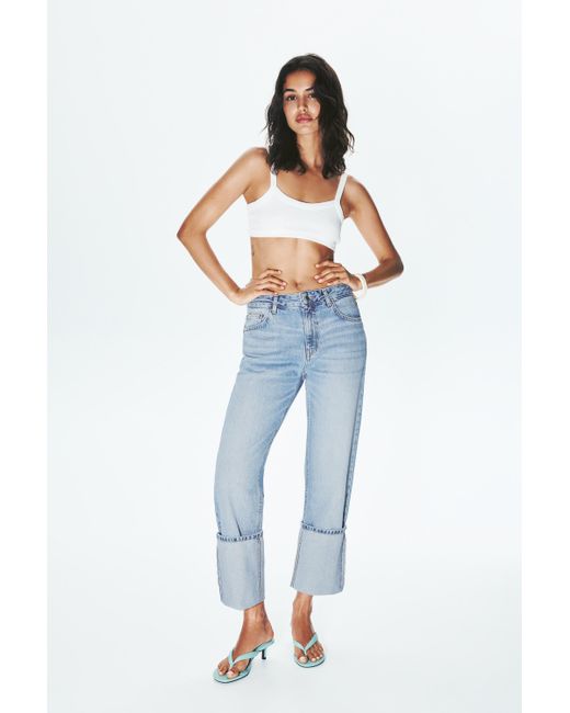 Pull&Bear Blue Mid-Waist Straight-Leg Jeans With Turn-Up Hem