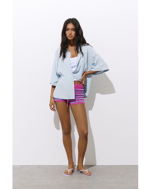 Pull&Bear Blue Kurzarmhemd Mit Leinen