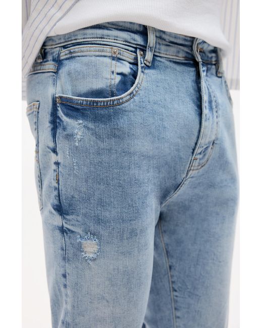 Pull&Bear Blue Ripped Carrot Fit Jeans for men