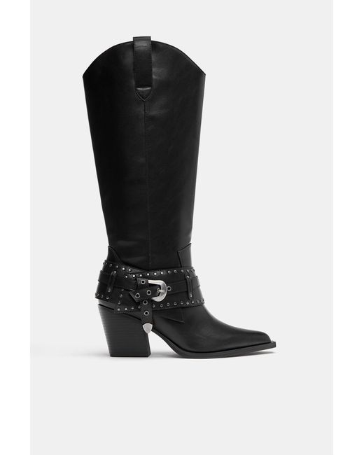 Pull&Bear Black Cowboy Buckle Boots