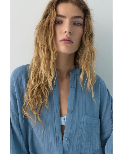 Pull&Bear Blue Stand Collar Voile Effect Shirt