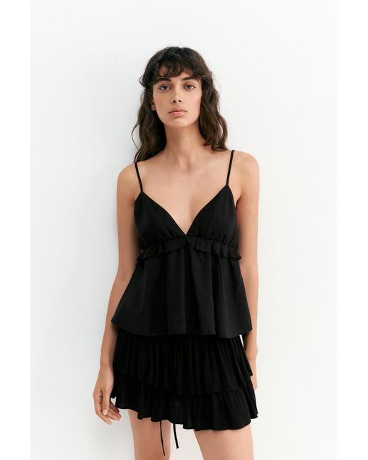 Pull&Bear Black Ruffled Linen Top