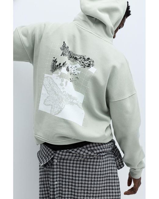 Pull&Bear Gray Oversize Graphic Print Hoodie for men