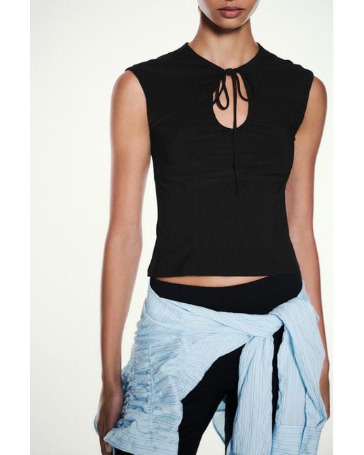 Pull&Bear Blue Gathered Tie-Neck Top