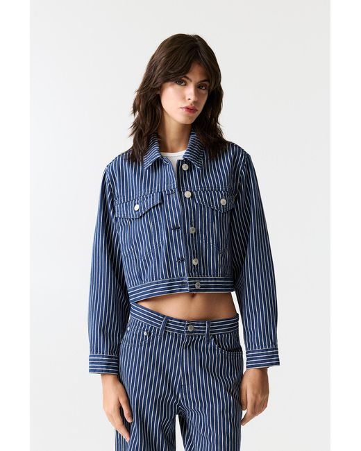 Pull&Bear Blue Oversize Striped Denim Jacket