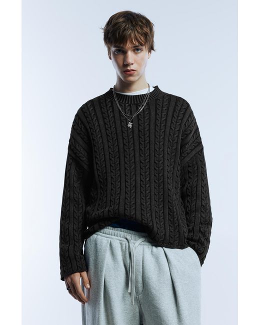 Pull&Bear Black Acid Wash Cable-Knit Sweater for men