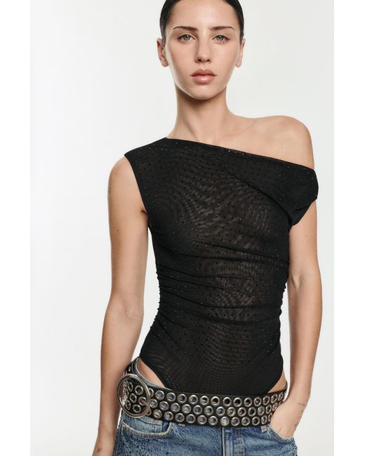 Pull&Bear Black Asymmetric Draped Rhinestone Bodysuit