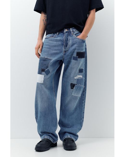 Pull&Bear Blue Baggy Patchwork Jeans for men