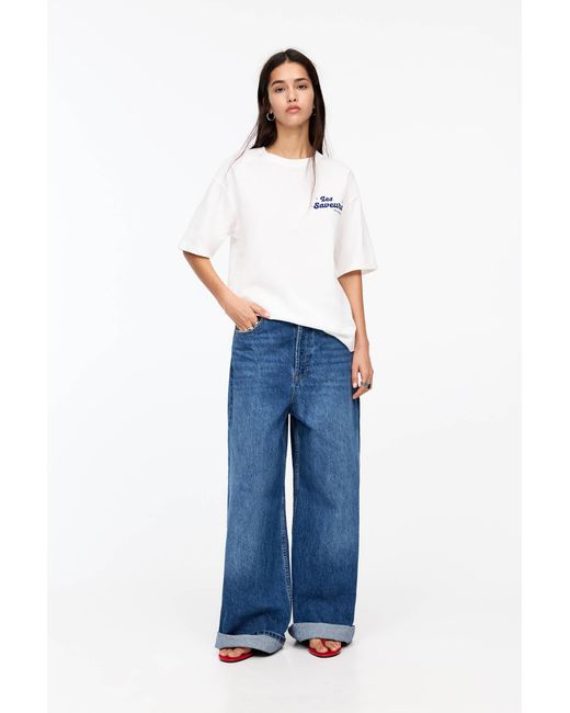 Pull&Bear Blue T-Shirt Mit Cafeteria-Grafik