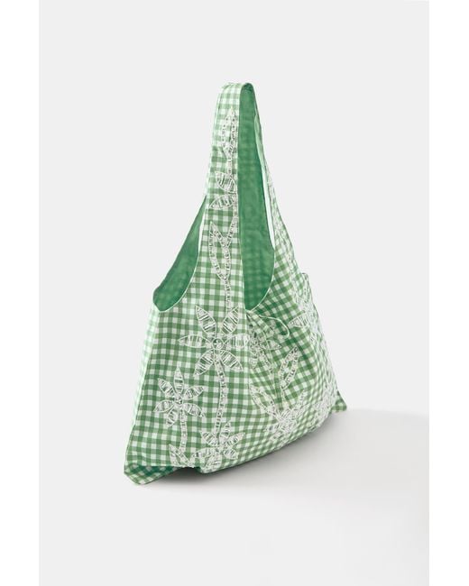 Pull&Bear Green Gingham Palm Print Tote Bag