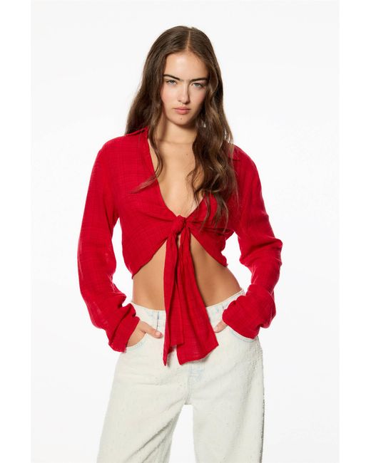 Pull&Bear Red Rustic Blouse With Tie