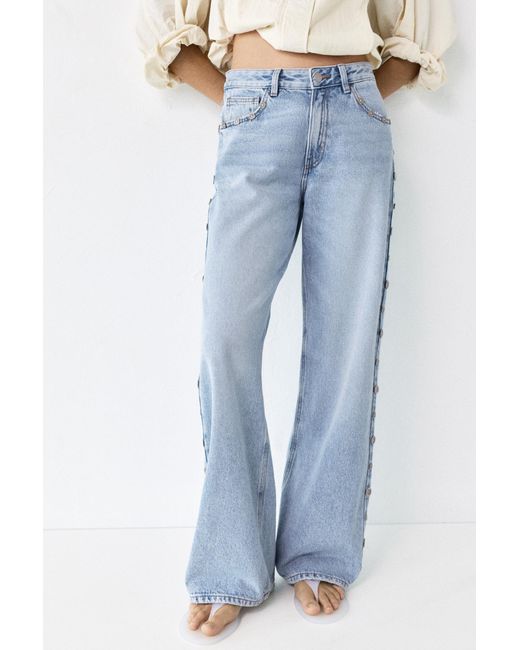 Pull&Bear Blue Baggy Jeans With Button Detail