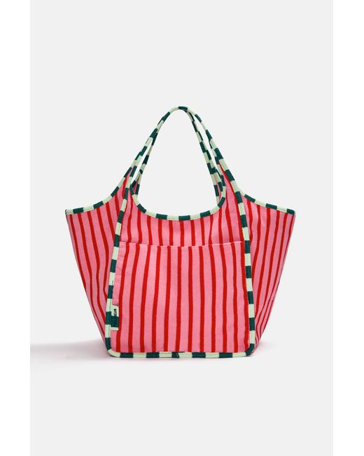 Pull&Bear Red Striped Fabric Shopper Bag
