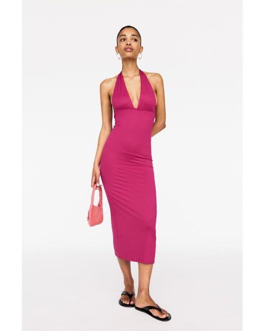 Pull&Bear Pink Polyamide V-Neck Midi Dress