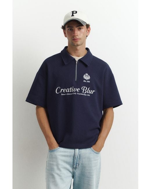 Pull&Bear Blue Graphic Zip Interlock Polo Shirt for men