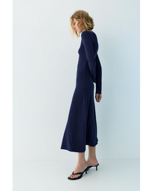 Pull&Bear Blue Draped Flowing Cupro Midi Dress