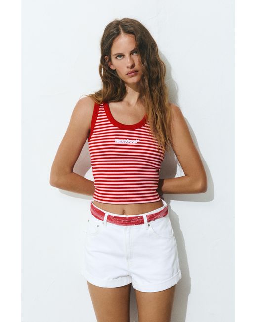 Pull&Bear Black Striped Embroidered Tank Top