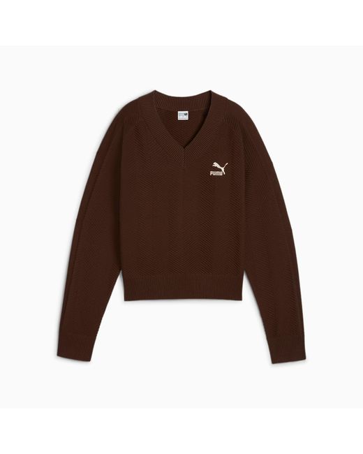 PUMA Brown T7 Knitted V-Neck Crew , Espresso