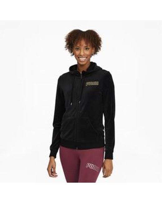 PUMA Modern Basics Velour Full Zip Hoodie in Black Lyst