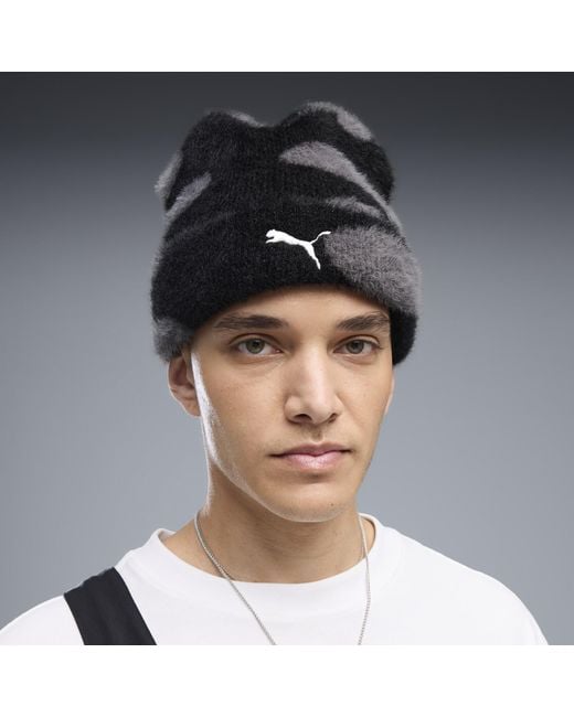 PUMA Black Brushed Printed Mid Crown Beanie