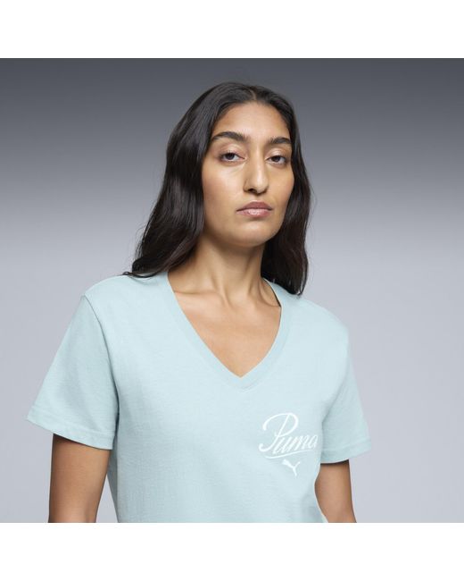 PUMA Blue Essentials Script V-Neck T-Shirt