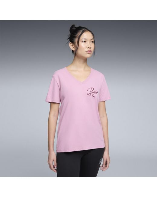 PUMA Pink Essentials Script V-Neck T-Shirt