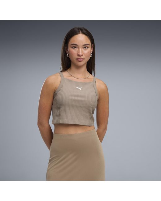 PUMA Gray Essentials Ribbed Tight Crop Top