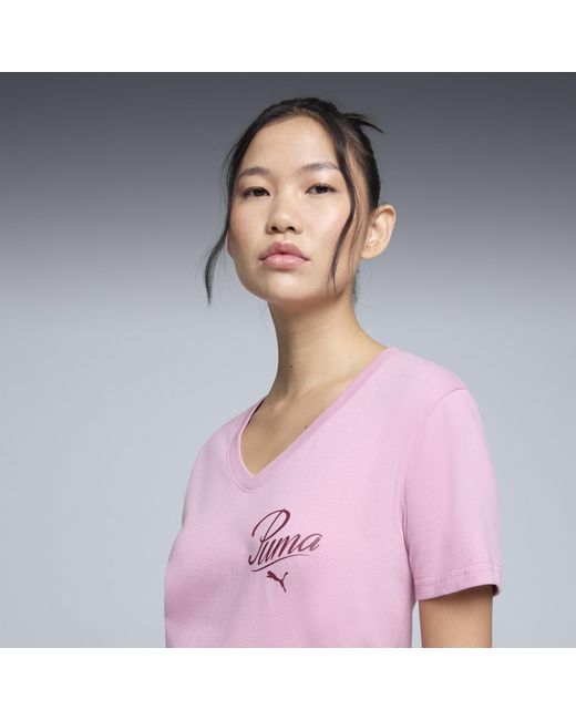 PUMA Pink Essentials Script V-Neck T-Shirt