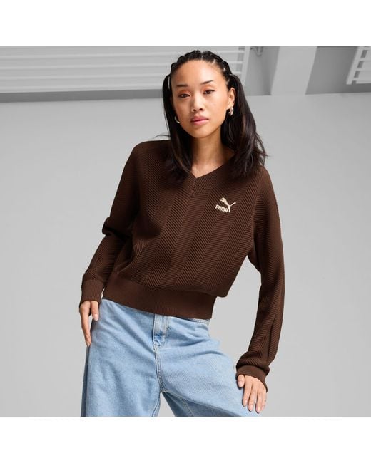 PUMA Brown T7 Knitted V-Neck Crew