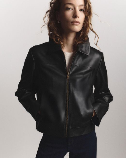 Quince Womens Black Cropped ZipFront Jacket Leather
