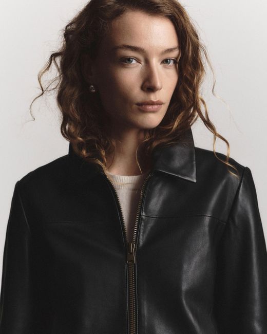 Quince Black Cropped Zip-Front Jacket, Leather