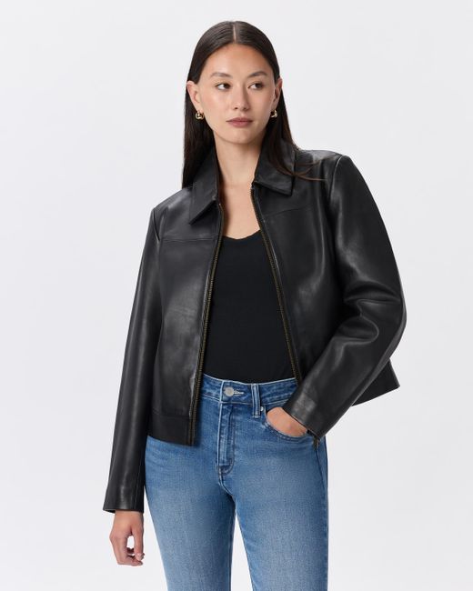 Quince Black Cropped Zip-Front Jacket, Leather