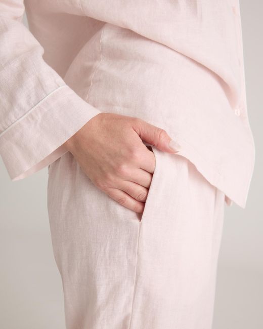 Quince Pink 100% European Linen Long Sleeve Pajama Set With Piping