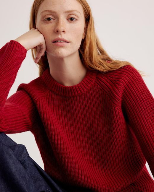 Quince Red Fisherman Crew Sweater, Organic Cotton