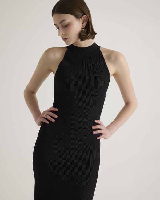 Quince Black High Neck Ribbed Knit Mini Dress, Recycled Nylon/Polyester/Spandex
