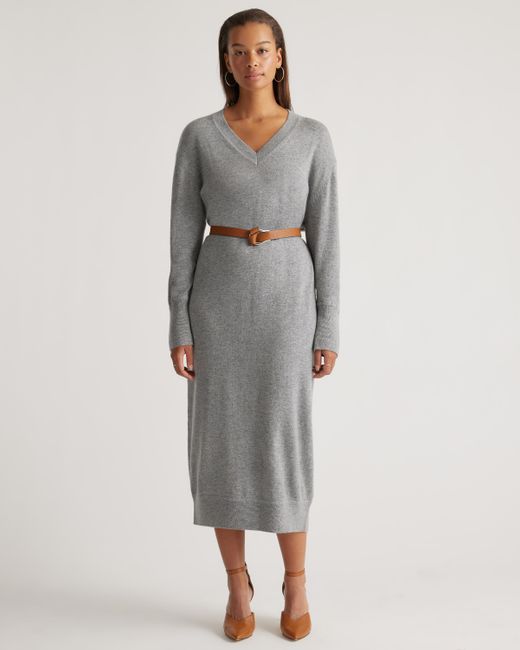Quince Gray Mongolian Cashmere V-Neck Midi Sweater Dress