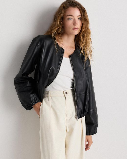 Quince Black Collarless Cropped Bubble Hem Jacket, Leather
