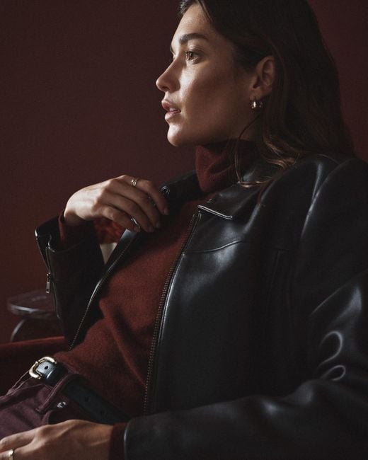 Quince Black Cropped Zip-Front Jacket, Leather