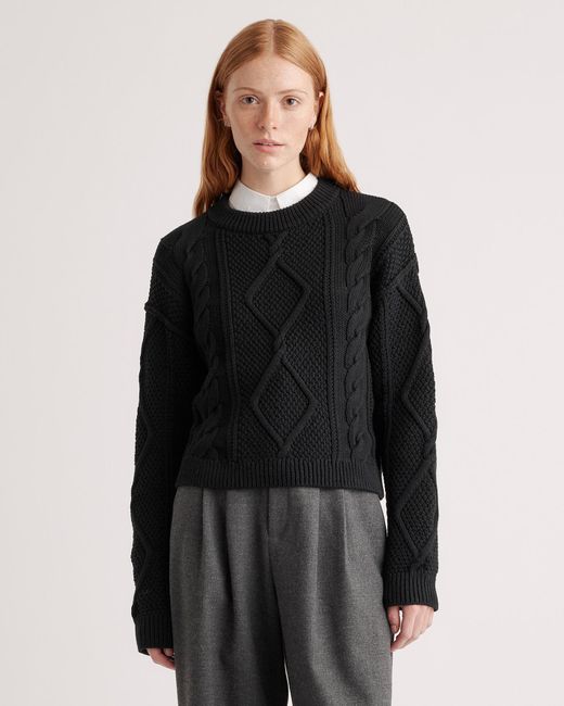 Quince Black Cropped Cable Crew Sweater, Organic Cotton